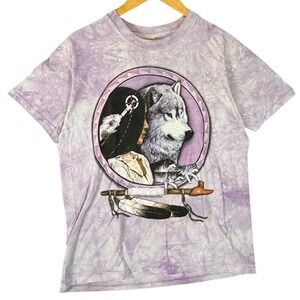 Vintage Y2K Purple The Mountain Tie Dye Wolf Native American T Shirt Mens Medium